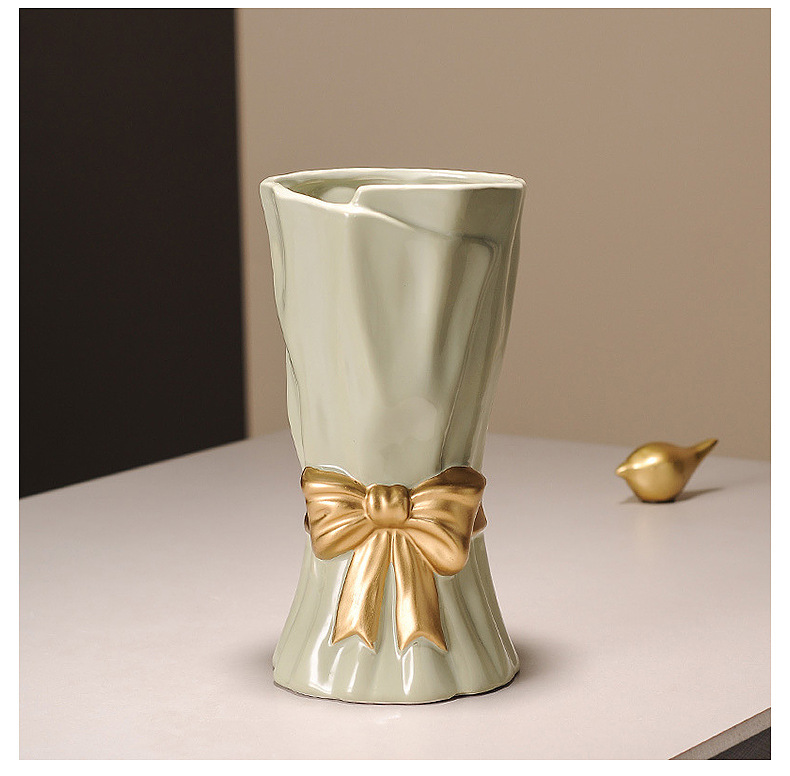 V888-ELOSUNG27750-202505191336-04 Beige Elegant Ceramic Vase with Golden Bow Accent - Textured Relief Flower Holder for Living Room & Dining Table Decor - Image 5