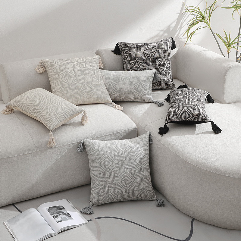 V888-ELOSUNG27819-202505191321-01 Grey Chic Geometric Jacquard Cushion Covers with Tassels - Set of 2, Plush Blend for Sofa & Bed Decor (45x45cm, Insert Not Included) - Image 2