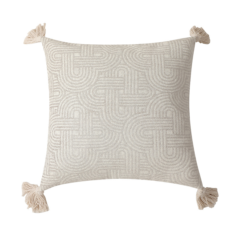V888-ELOSUNG27819-202505191321-03 Grey Chic Geometric Jacquard Cushion Covers with Tassels - Set of 2, Plush Blend for Sofa & Bed Decor (45x45cm, Insert Not Included) - Image 4