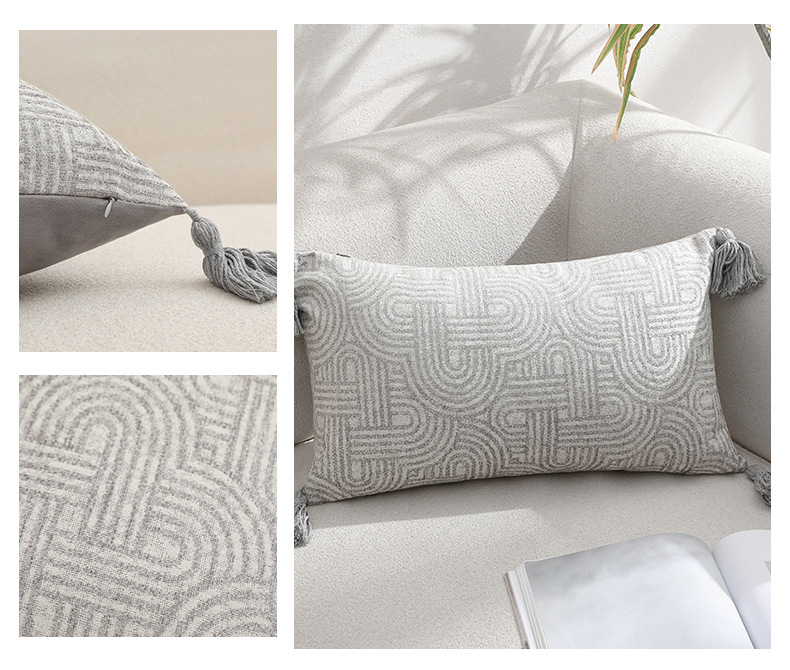 V888-ELOSUNG27819-202505191321-04 Grey Chic Geometric Jacquard Cushion Covers with Tassels - Set of 2, Plush Blend for Sofa & Bed Decor (45x45cm, Insert Not Included) - Image 5