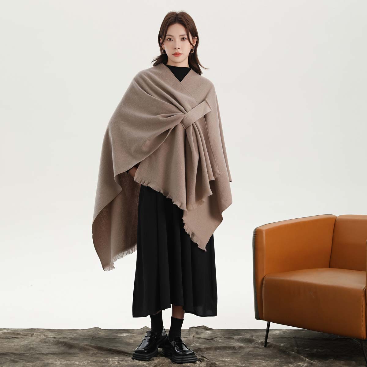 V888-ELOSUNG27899-202505231135-01 Grey Elegant Soft Knit Poncho Cape - Warm Autumn Winter Shawl Wrap with Side Tie, Thick & Luxurious Feel - Image 2