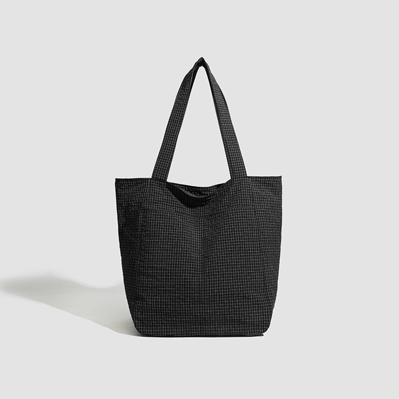 V888-ELOSUNG27909-202505231212-00 Black Stylish Lightweight Seersucker Gingham Tote Bag - Spacious Multi-Pocket Shoulder Bag with Zipper - Image 1