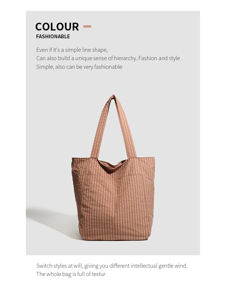 V888-ELOSUNG27910-202505231212-01 Brown Stylish Lightweight Seersucker Gingham Tote Bag - Spacious Multi-Pocket Shoulder Bag with Zipper - Image 2