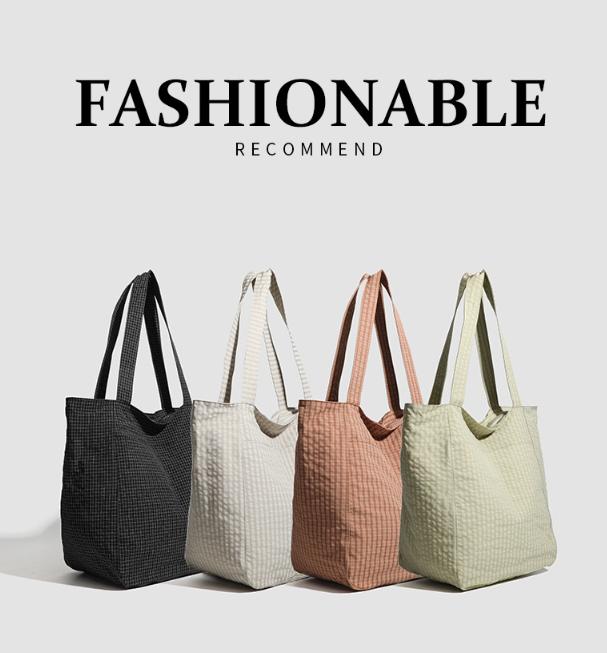 V888-ELOSUNG27910-202505231212-02 Brown Stylish Lightweight Seersucker Gingham Tote Bag - Spacious Multi-Pocket Shoulder Bag with Zipper - Image 3
