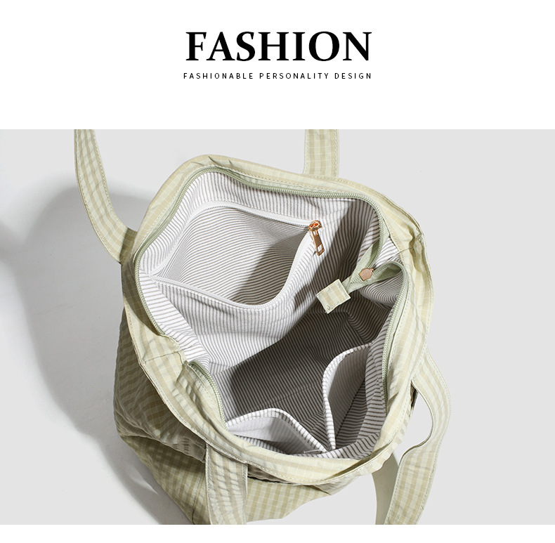 V888-ELOSUNG27910-202505231212-03 Brown Stylish Lightweight Seersucker Gingham Tote Bag - Spacious Multi-Pocket Shoulder Bag with Zipper - Image 4