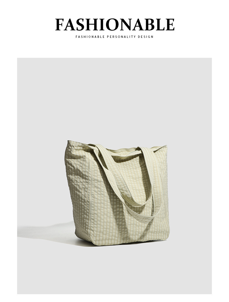 V888-ELOSUNG27910-202505231212-06 Brown Stylish Lightweight Seersucker Gingham Tote Bag - Spacious Multi-Pocket Shoulder Bag with Zipper - Image 7