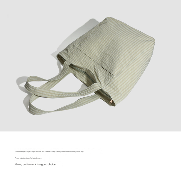 V888-ELOSUNG27910-202505231212-07 Brown Stylish Lightweight Seersucker Gingham Tote Bag - Spacious Multi-Pocket Shoulder Bag with Zipper - Image 8