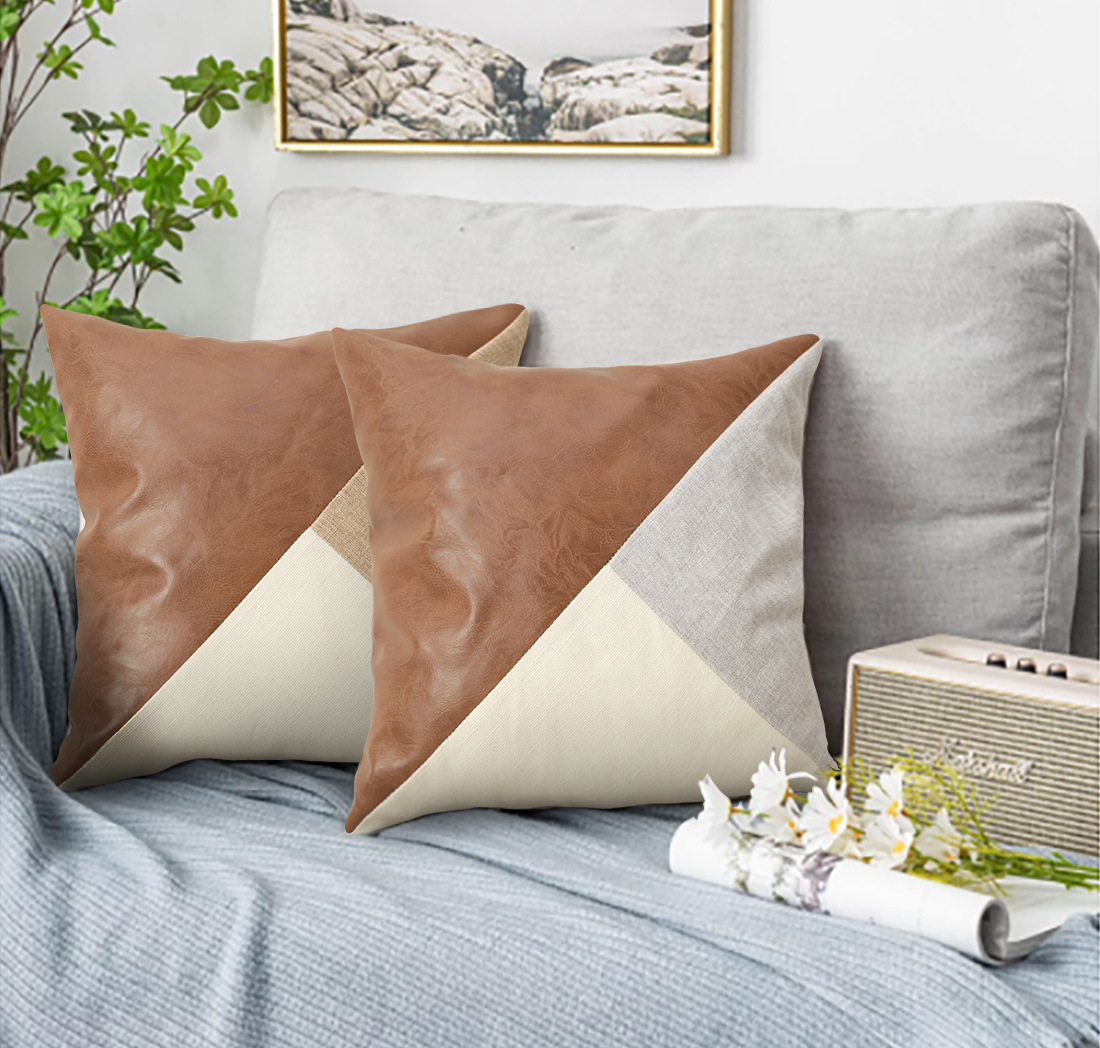 V888-ELOSUNG27978-202505231140-01 Khaki and Gray Modern Geometric Faux Leather & Cotton-Linen Cushion Covers - Set of 2, 45x45cm Decorative Pillowcases for Sofa & Car - Image 2