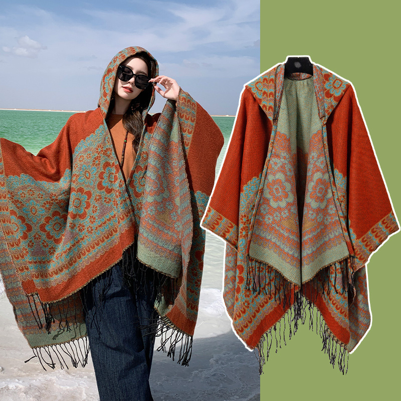 V888-ELOSUNG28060-202504281247-00 Orange Soft Faux Cashmere Poncho Cape - Oversized Winter Shawl Wrap (130x150cm) - Image 1