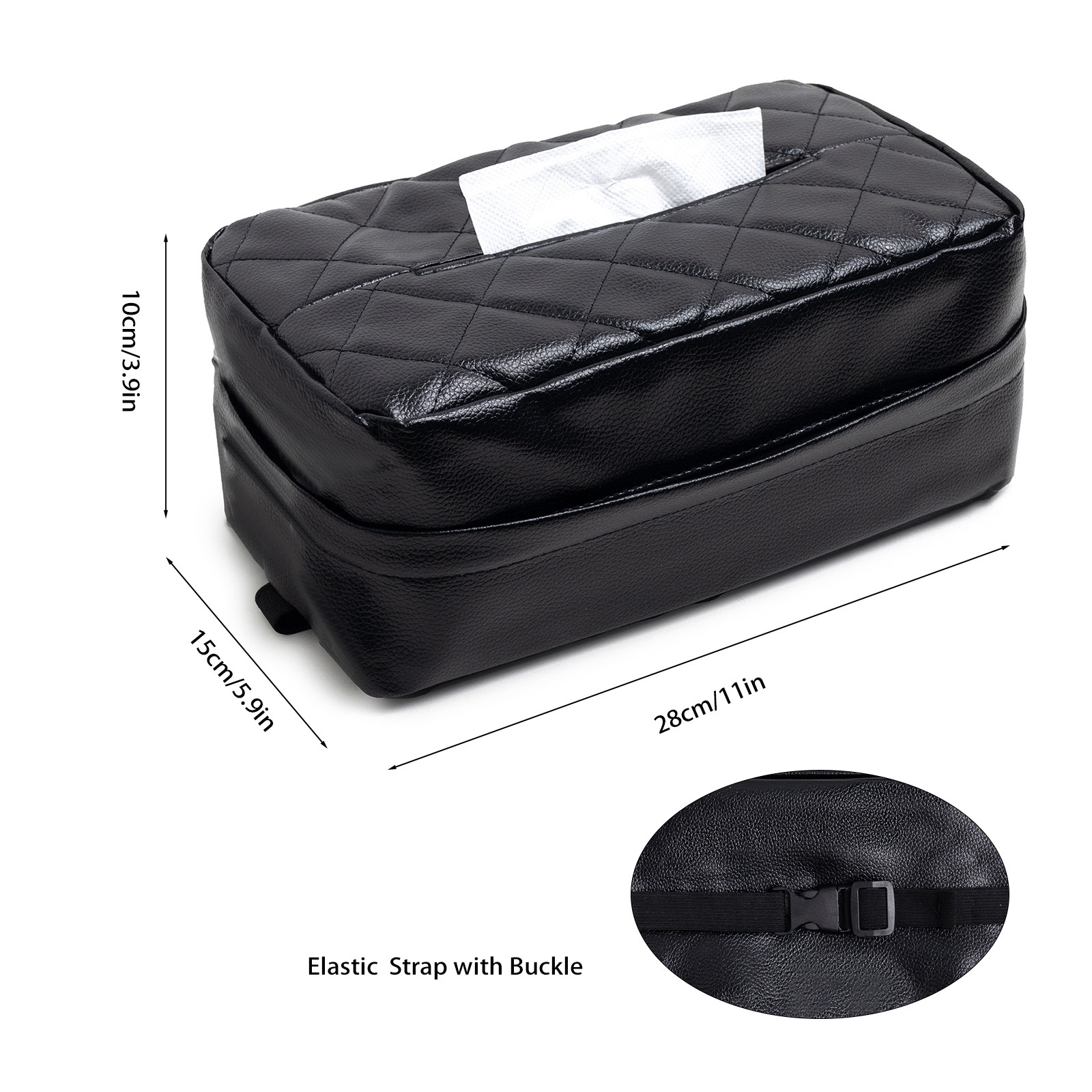V888-ELOSUNG28157-202504281522-02 White Universal Leather Car Tissue Box Holder - Visor, Armrest & Seat Back Mount - Image 3