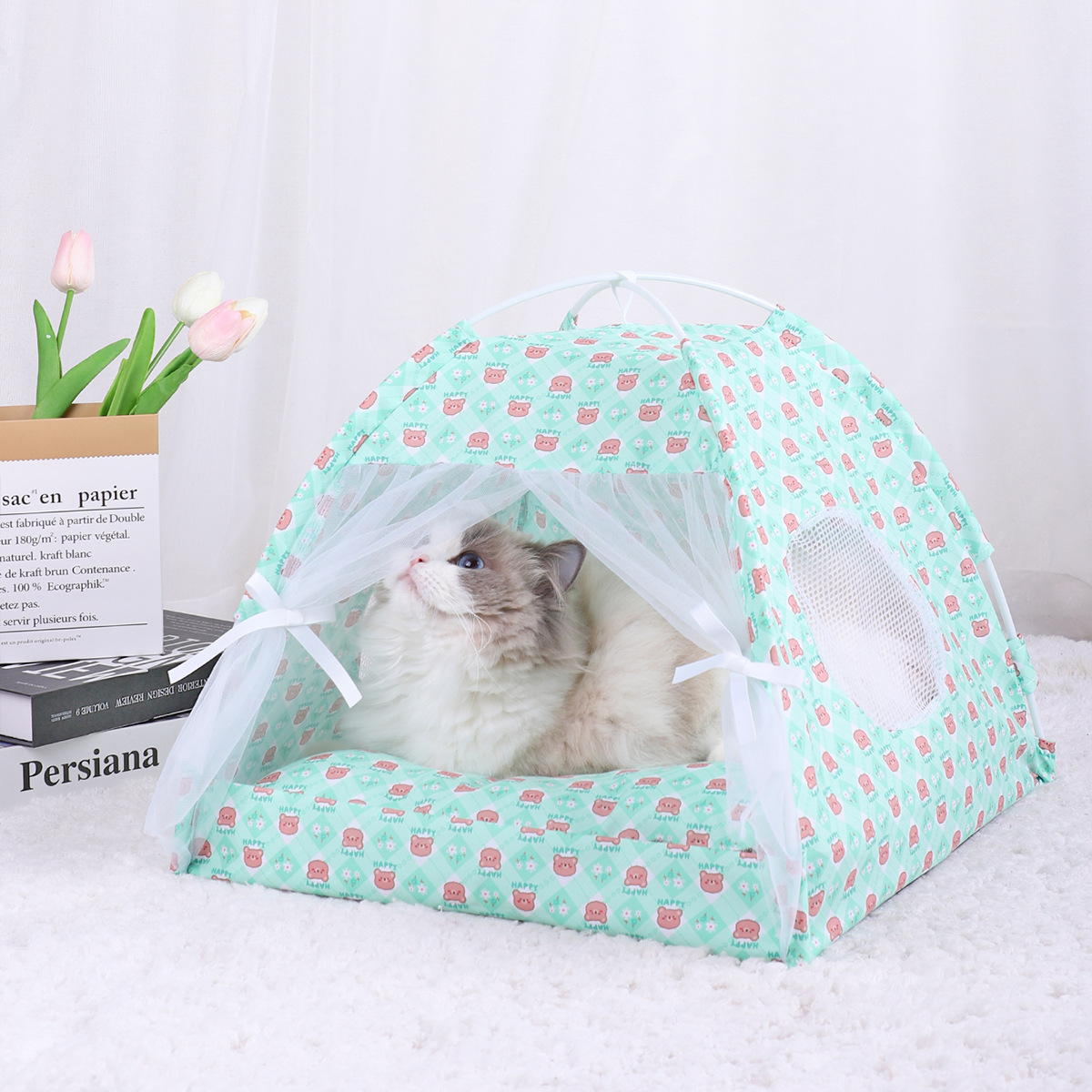 V888-ELOSUNG28238-202504301618-00 L 50*50CM 15 Catties Within The Pet Green Bear Cooling Summer Pet Tent - Portable Foldable Breathable Outdoor Cat House Shelter - Image 1