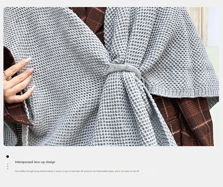 V888-ELOSUNG28425-202505131806-02 Coffee Brown Luxurious Faux Cashmere Knitted Cape - Large Buckled 90 x 140 cm Women's Versatile Shawl - Image 3