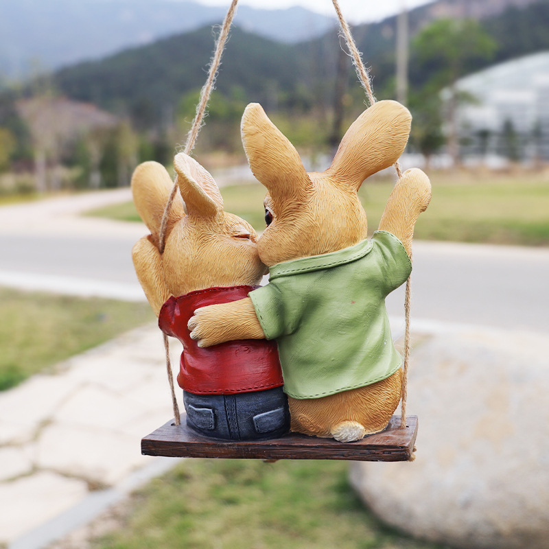 V888-ELOSUNG28688-202505191406-01 Cartoon Rabbit Couple Swing Garden Ornament - Charming Resin Decor - Image 2