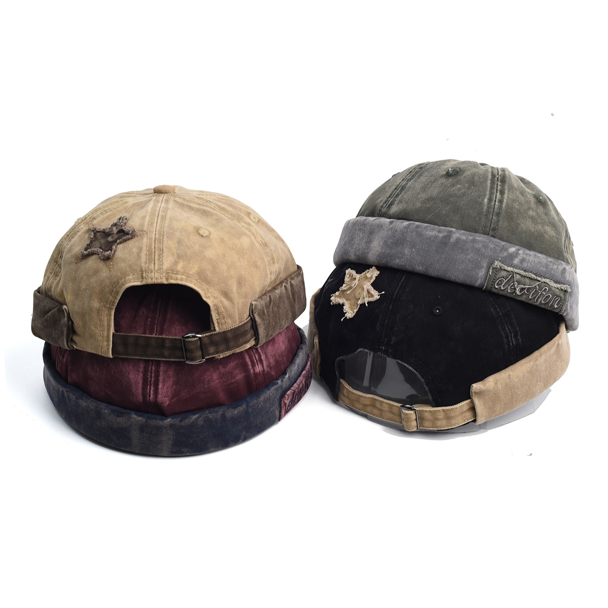 V888-ELOSUNG29067-202505191341-04 Vintage Washed Cotton Docker Cap - Unisex Brimless Beanie Hat with Star Patch(Khaki) - Image 5