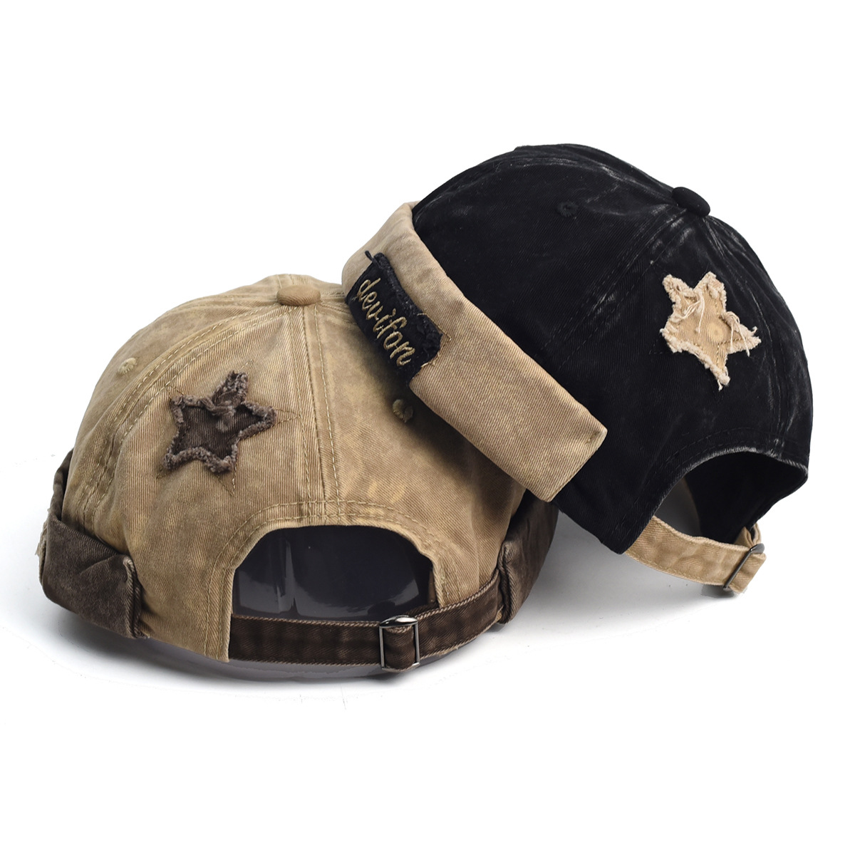 V888-ELOSUNG29067-202505191341-05 Vintage Washed Cotton Docker Cap - Unisex Brimless Beanie Hat with Star Patch(Khaki) - Image 6