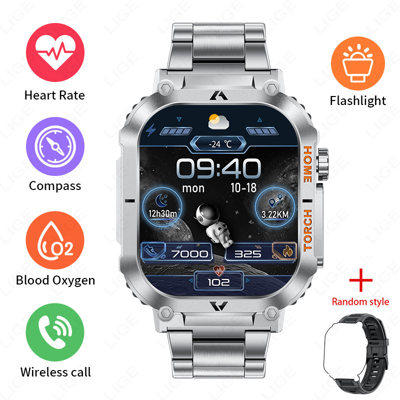 V888-ELOSUNG29080-202505231326-00 Smartwatch with Flashlight, Compass & Wireless Calling - Health & Fitness Tracker(Silver case with silver steel + black silicone) - Image 1