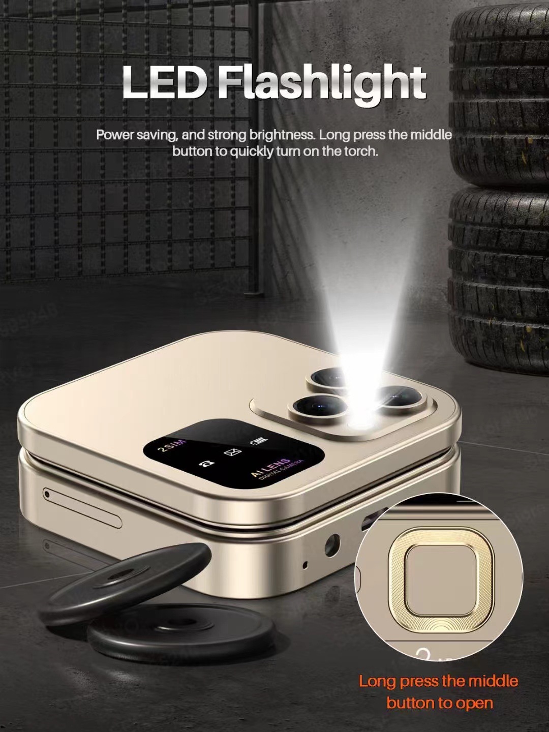 V888-ELOSUNG29293-202505261532-03 i16 Pro Mini Flip Phone - Dual SIM, AI Lens Digital Camera, Compact & Stylish Design(Gold) - Image 4