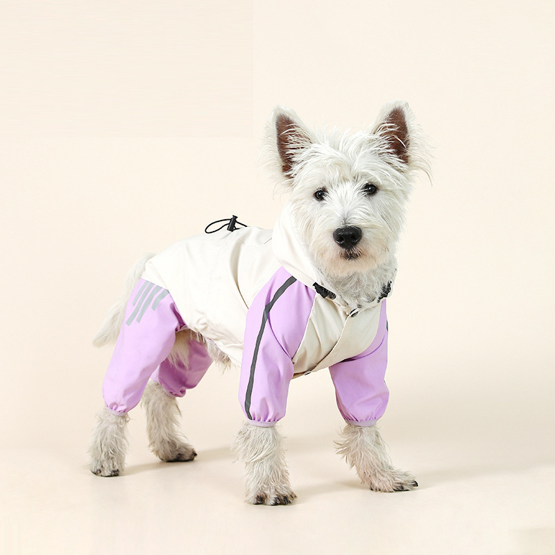 V888-ELOSUNG31188-202505281126-00 Colorblock (White Purple) Dog Raincoat - Waterproof with Hood and Reflective Strips (Size M) - Image 1