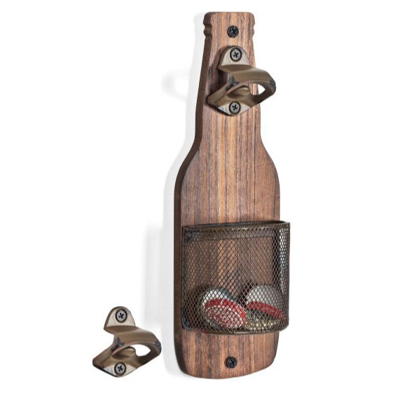 V888-ELOSUNG32074-202505261546-01 Brown Rustic Wooden Wall-Mounted Bottle Opener with Cap Catcher - Vintage Beer Opener for Bar & Kitchen - Image 2