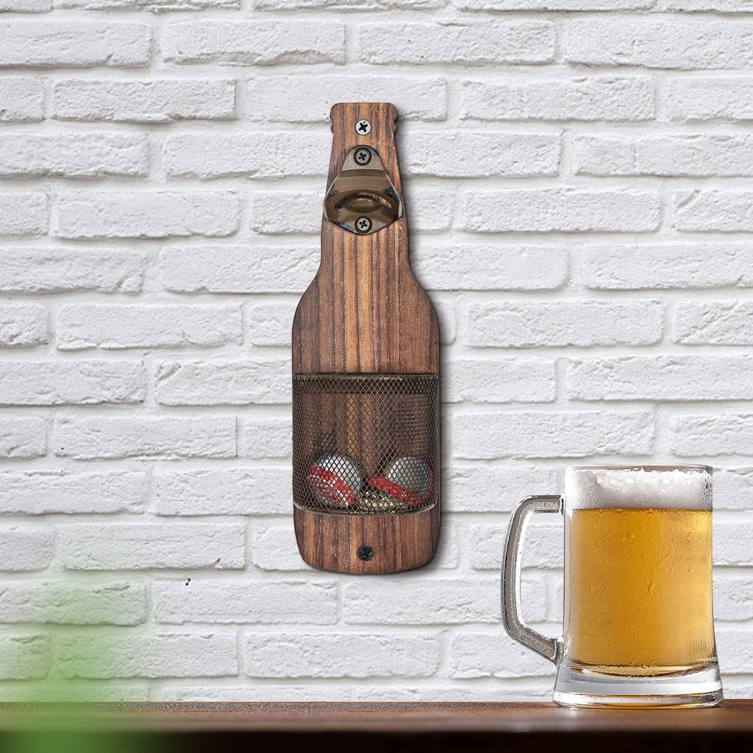 V888-ELOSUNG32074-202505261546-03 Brown Rustic Wooden Wall-Mounted Bottle Opener with Cap Catcher - Vintage Beer Opener for Bar & Kitchen - Image 4