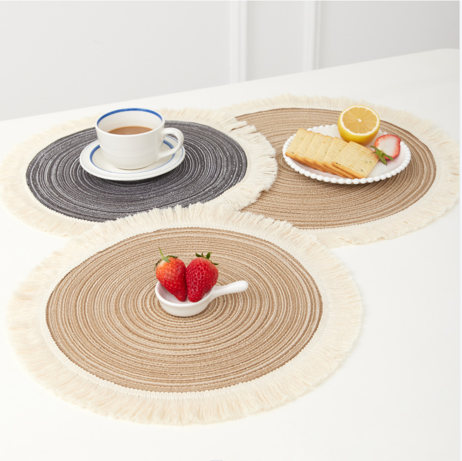 V888-ELOSUNG32080-202505281116-02 Beige Chic Round Woven Placemats with Tassel Fringe - Set of 4, Cotton Ramie Blend, Heat Resistant Table Mats - Image 3