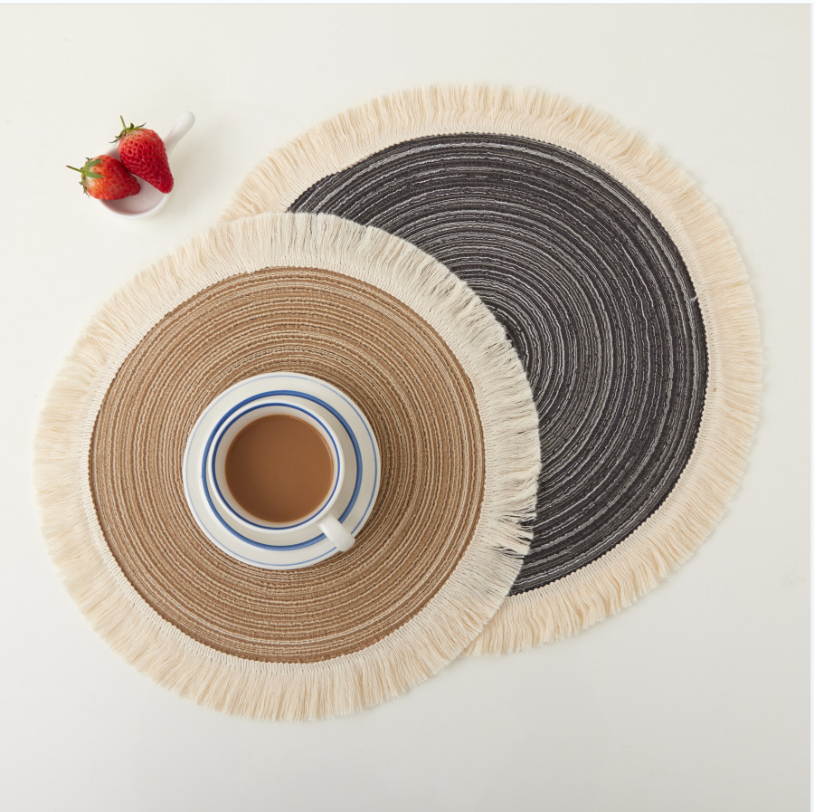V888-ELOSUNG32080-202505281116-04 Beige Chic Round Woven Placemats with Tassel Fringe - Set of 4, Cotton Ramie Blend, Heat Resistant Table Mats - Image 5