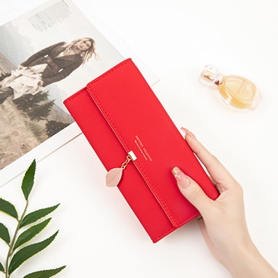 V888-ELOSUNG32122-202505281040-00 Red Elegant Ladies Long PU Leather Wallet - Slim Clutch with Leaf Charm, Multi-Card Holder & Organizer - Image 1