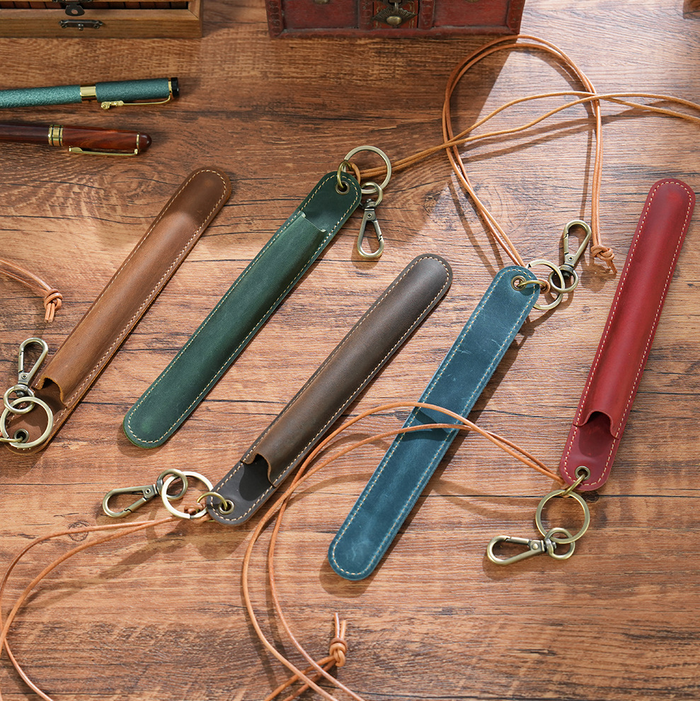 V888-ELOSUNG32144-202505301145-01 Brown Vintage Top-Grain Leather Pen Sleeve Holder with Neck Strap - Protective Single Pen Case - Image 2