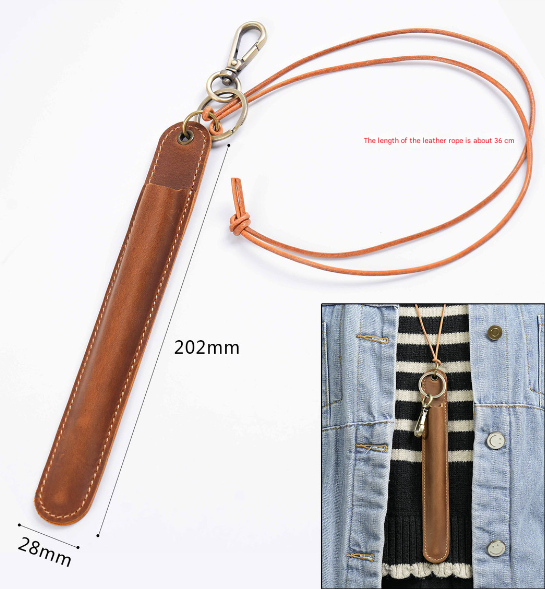 V888-ELOSUNG32144-202505301145-02 Brown Vintage Top-Grain Leather Pen Sleeve Holder with Neck Strap - Protective Single Pen Case - Image 3