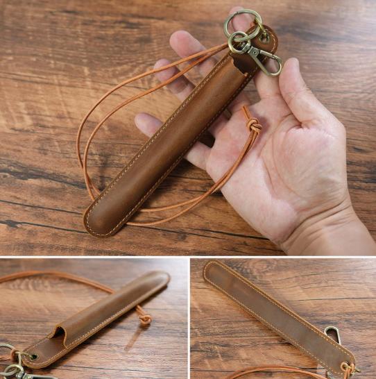 V888-ELOSUNG32144-202505301145-05 Brown Vintage Top-Grain Leather Pen Sleeve Holder with Neck Strap - Protective Single Pen Case - Image 6