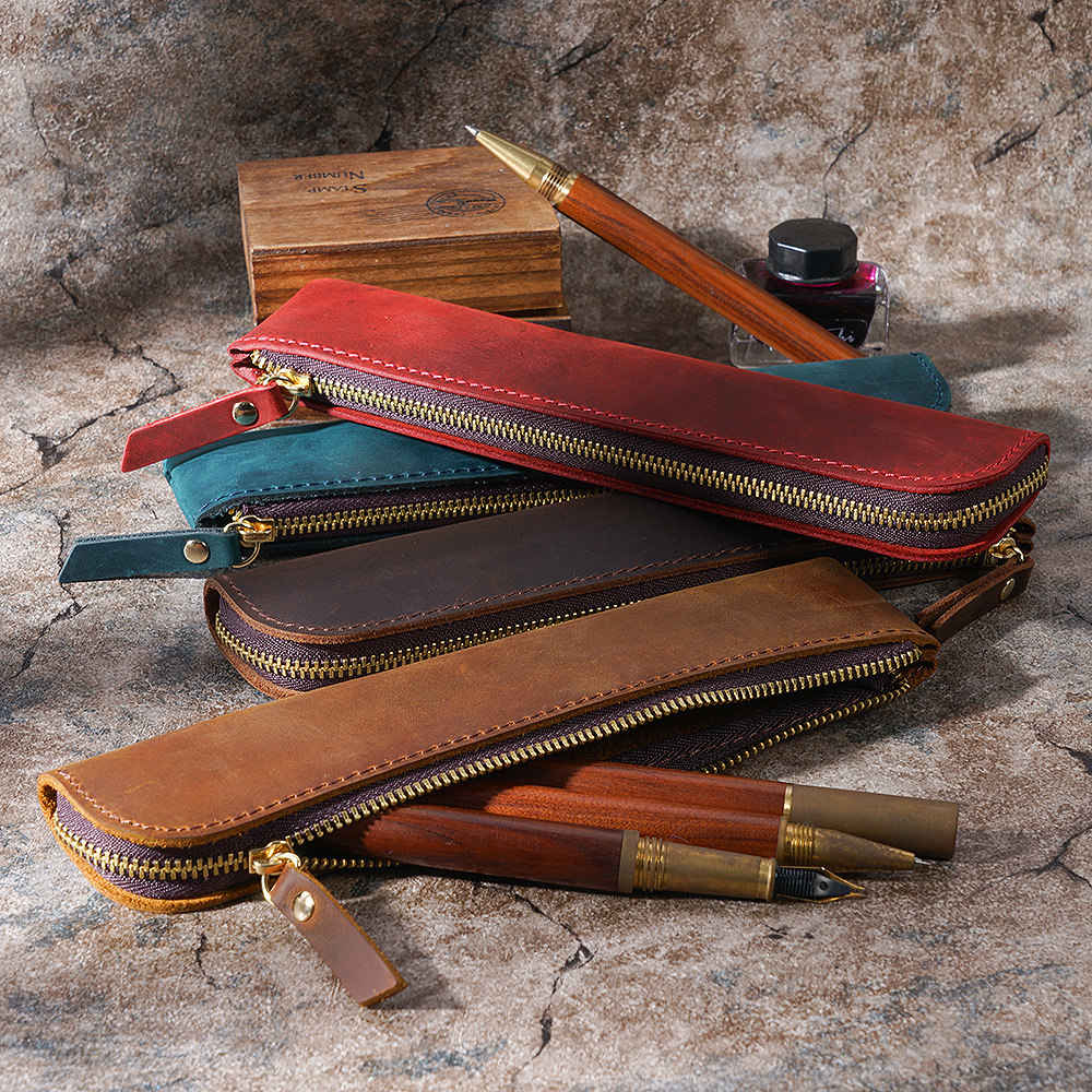 V888-ELOSUNG32148-202505301146-01 Brown Vintage Crazy Horse Leather Zippered Pen Case - Retro Pencil Pouch & Small Accessories Bag - Image 2