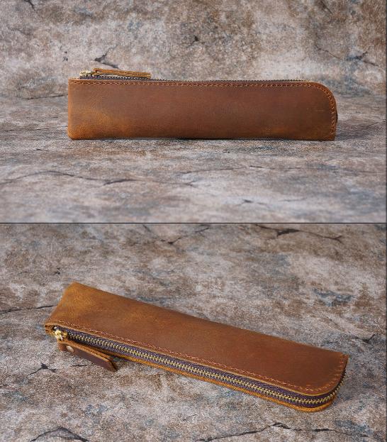 V888-ELOSUNG32148-202505301146-03 Brown Vintage Crazy Horse Leather Zippered Pen Case - Retro Pencil Pouch & Small Accessories Bag - Image 4