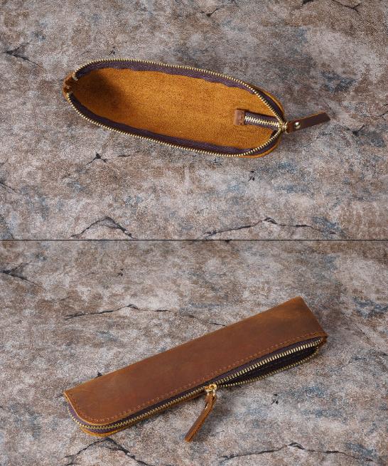 V888-ELOSUNG32148-202505301146-04 Brown Vintage Crazy Horse Leather Zippered Pen Case - Retro Pencil Pouch & Small Accessories Bag - Image 5
