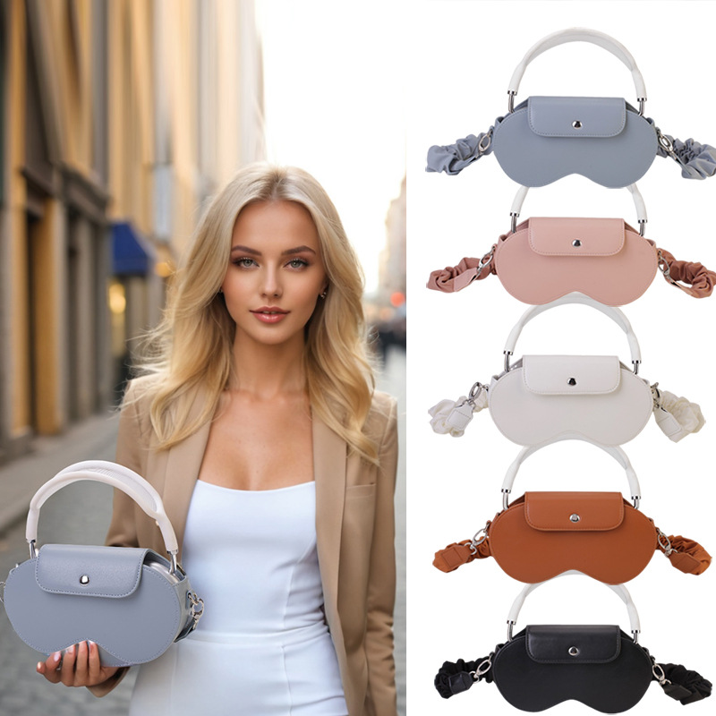 V888-ELOSUNG32226-202506051911-01 Pink Chic PU Leather Crossbody Storage Bag for Apple AirPods Max - Protective Case with Ruched Fabric Strap & Top Handle - Image 2