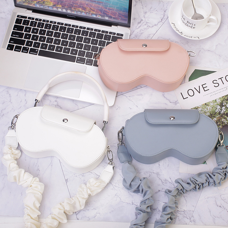 V888-ELOSUNG32226-202506051911-02 Pink Chic PU Leather Crossbody Storage Bag for Apple AirPods Max - Protective Case with Ruched Fabric Strap & Top Handle - Image 3