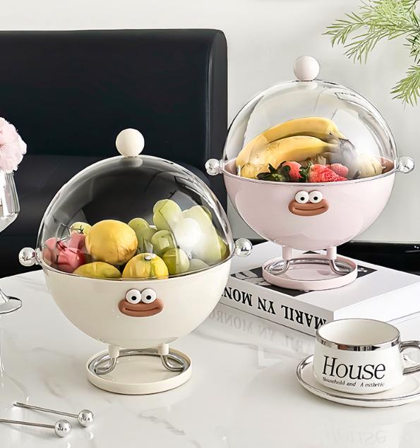 V888-ELOSUNG32430-202506191322-01 Beige Whimsical Covered Fruit Bowl with Flip Lid & Drainer - Cute Design Snack & Candy Dish for Living Room - Image 2