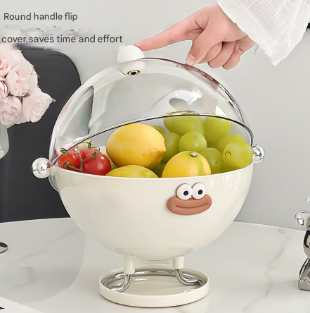 V888-ELOSUNG32430-202506191322-02 Beige Whimsical Covered Fruit Bowl with Flip Lid & Drainer - Cute Design Snack & Candy Dish for Living Room - Image 3