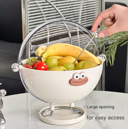V888-ELOSUNG32430-202506191322-03 Beige Whimsical Covered Fruit Bowl with Flip Lid & Drainer - Cute Design Snack & Candy Dish for Living Room - Image 4
