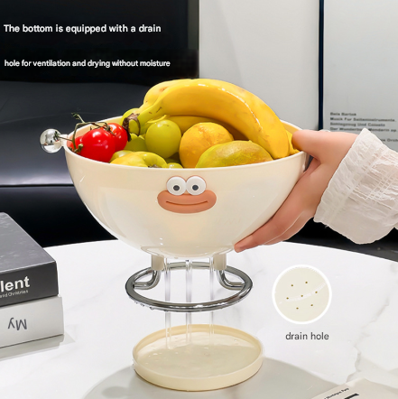 V888-ELOSUNG32430-202506191322-04 Beige Whimsical Covered Fruit Bowl with Flip Lid & Drainer - Cute Design Snack & Candy Dish for Living Room - Image 5