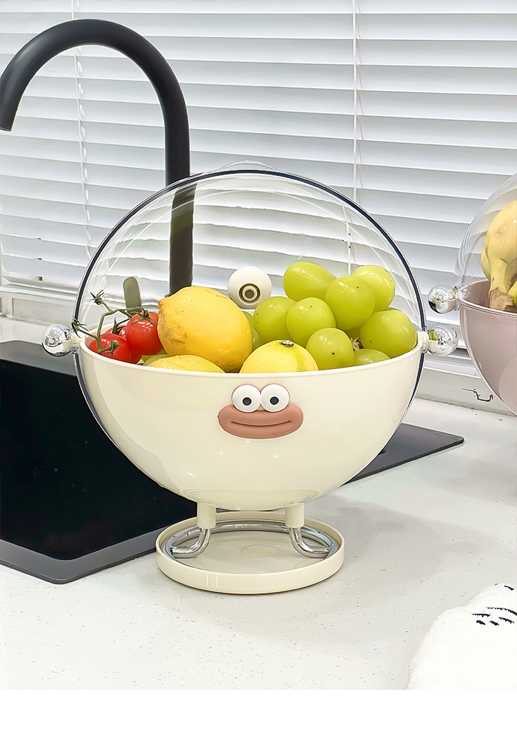 V888-ELOSUNG32430-202506191322-07 Beige Whimsical Covered Fruit Bowl with Flip Lid & Drainer - Cute Design Snack & Candy Dish for Living Room - Image 8