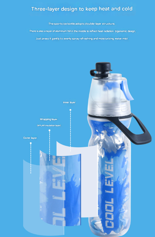 V888-ELOSUNG32454-202506191124-04 Blue 500ML Insulated Sports Water Bottle with Cooling Mist - Triple-Layer Design Keeps Drinks Cold for Hours - Portable PE Misting Bottle - Image 5