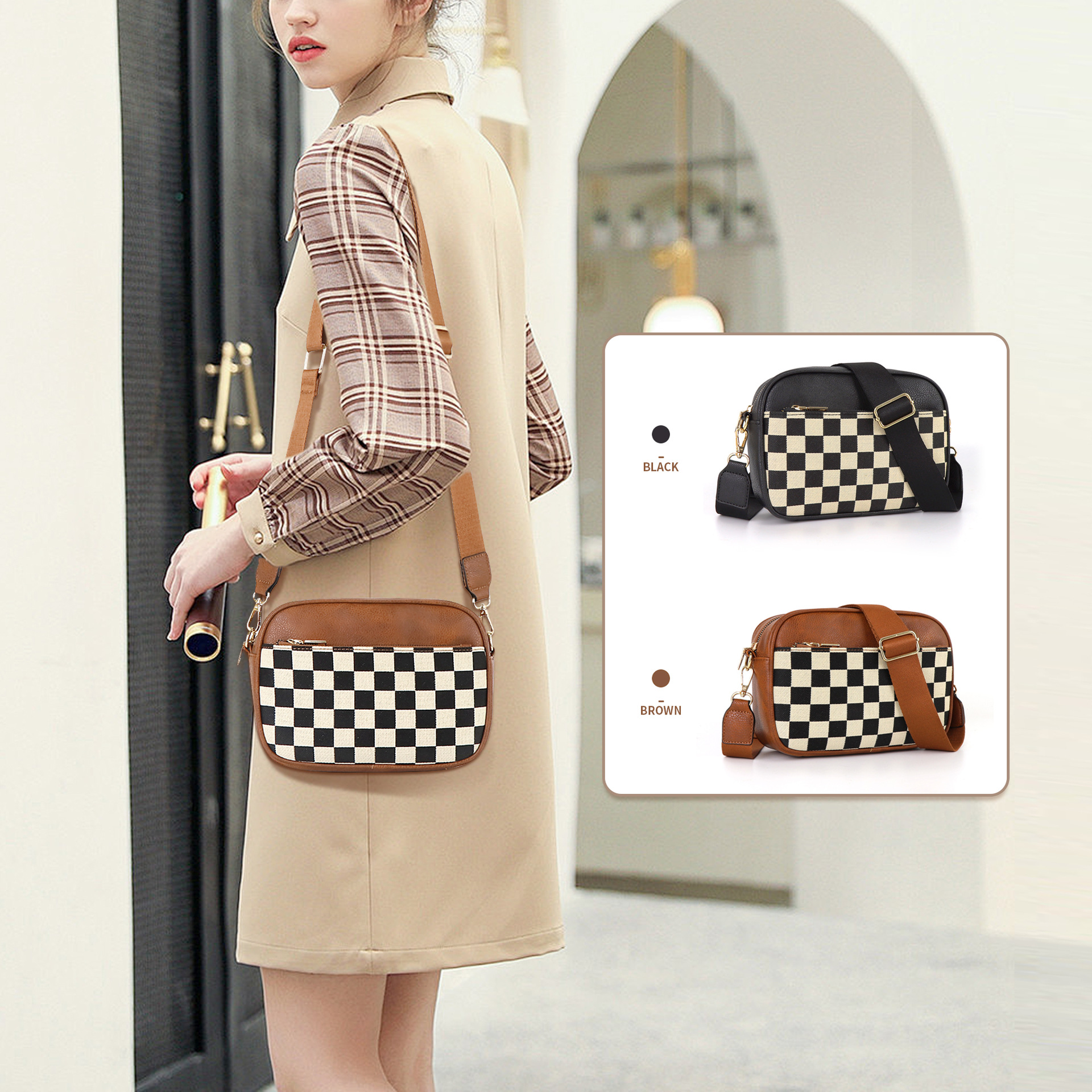 V888-ELOSUNG32573-202506241143-01 Brown Stylish Checkerboard Crossbody Camera Bag - PU Leather with Adjustable Wide Strap - Image 2