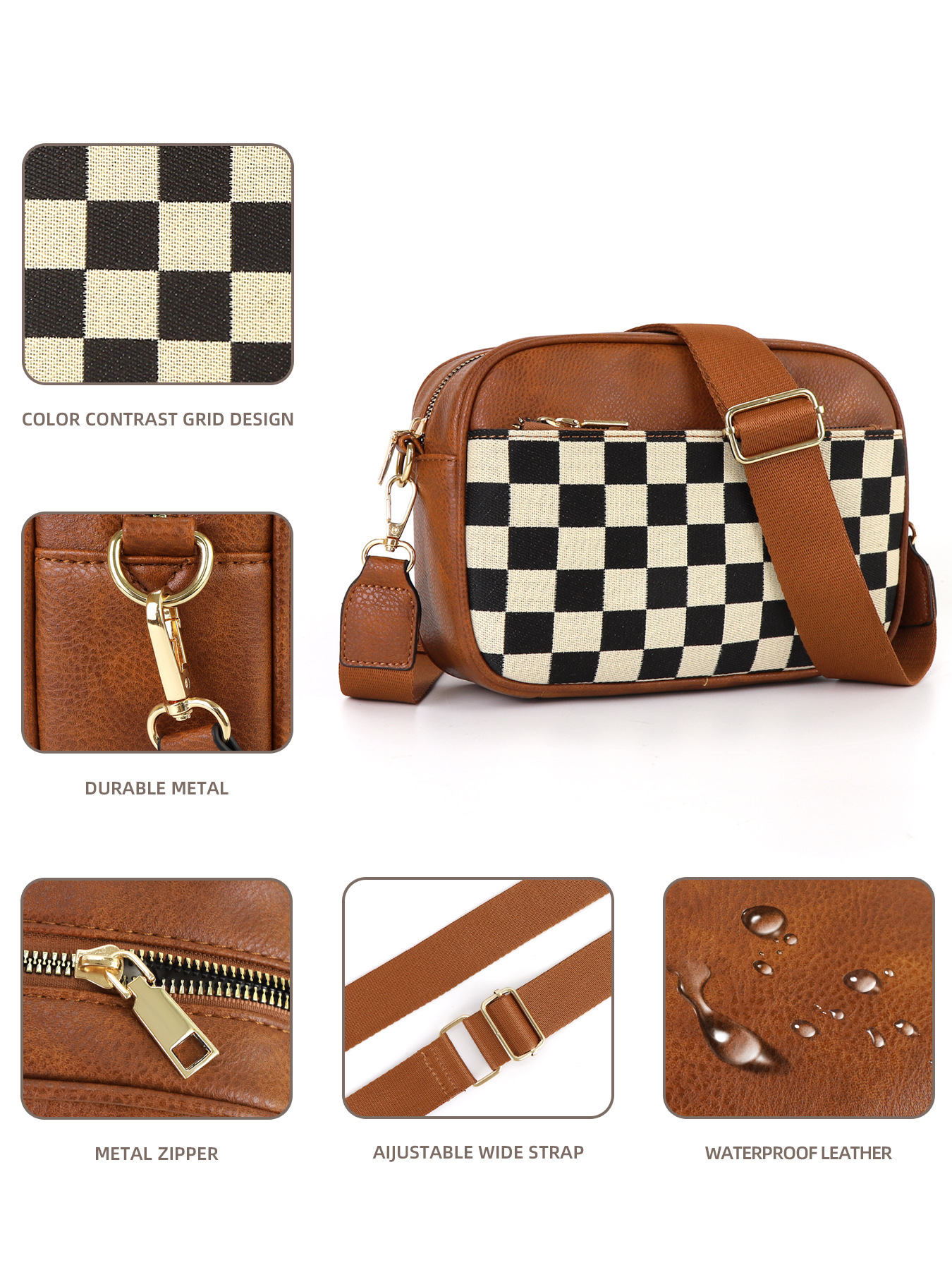 V888-ELOSUNG32573-202506241143-02 Brown Stylish Checkerboard Crossbody Camera Bag - PU Leather with Adjustable Wide Strap - Image 3