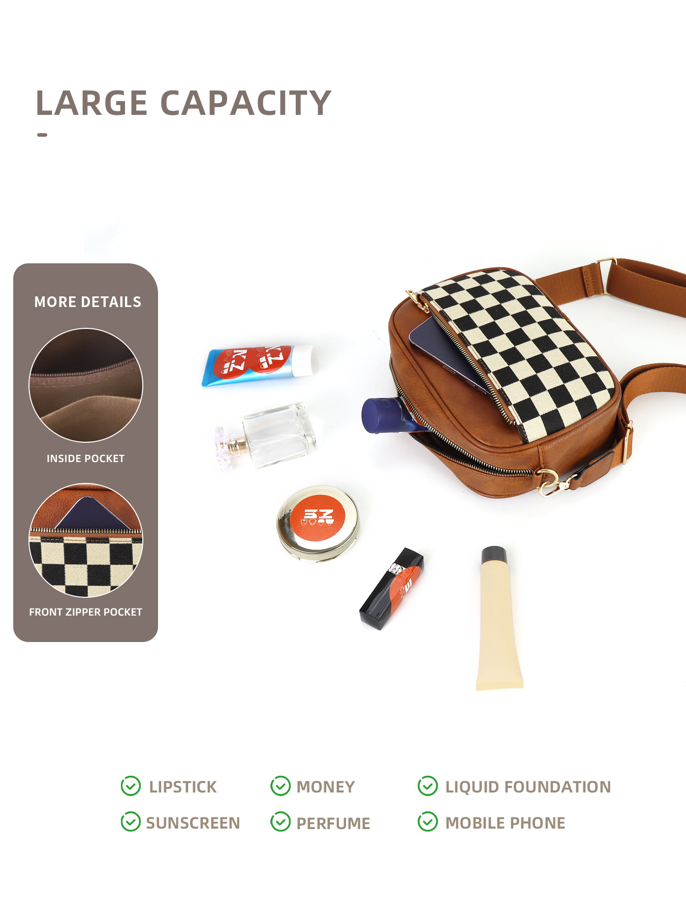 V888-ELOSUNG32573-202506241143-03 Brown Stylish Checkerboard Crossbody Camera Bag - PU Leather with Adjustable Wide Strap - Image 4