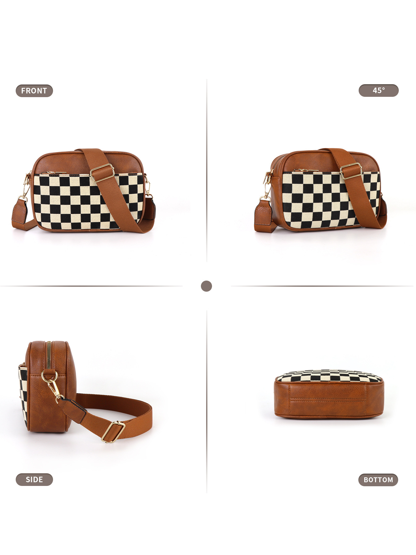 V888-ELOSUNG32573-202506241143-04 Brown Stylish Checkerboard Crossbody Camera Bag - PU Leather with Adjustable Wide Strap - Image 5