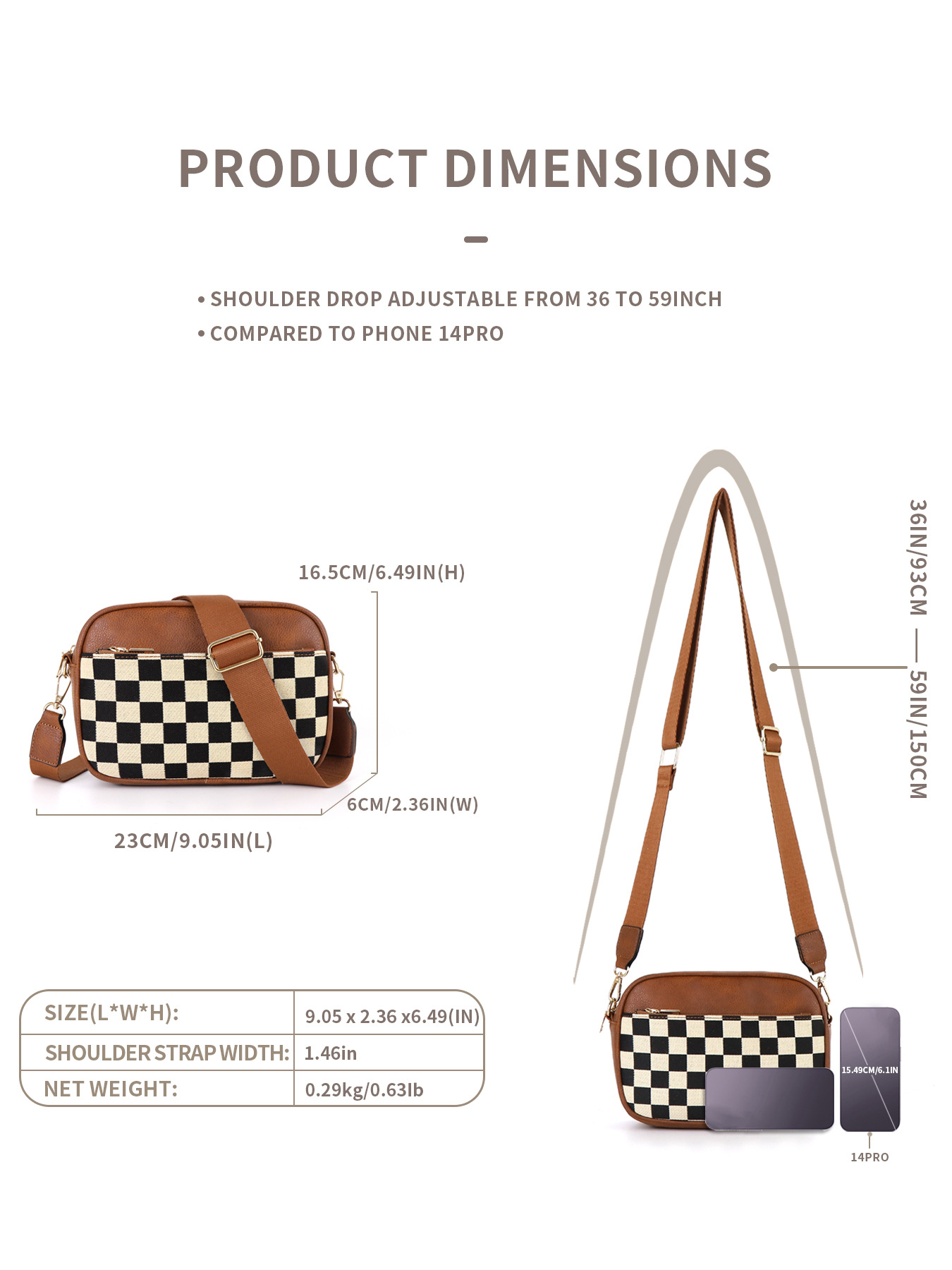 V888-ELOSUNG32573-202506241143-05 Brown Stylish Checkerboard Crossbody Camera Bag - PU Leather with Adjustable Wide Strap - Image 6
