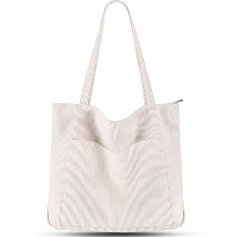 V888-ELOSUNG32663-202506250943-00 White Stylish Corduroy Canvas Tote Bag - Fashionable and Retro Shoulder Bag - Image 1