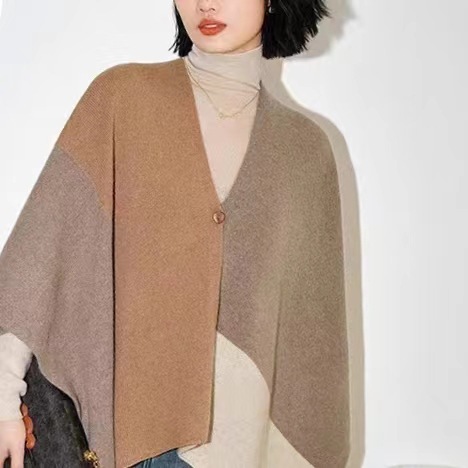 V888-ELOSUNG32677-202506301126-01 Brown Pure Wool Extra Large Shawl Scarf Color Block Multi-functional Warm Cashmere Cape Poncho - Image 2