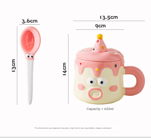 V888-ELOSUNG32740-202506301030-03 Blue Adorable Cartoon Character Ceramic Mug Set - 420ml with Fun Cake Design Lid & Matching Spoon - Perfect Gift - Image 4