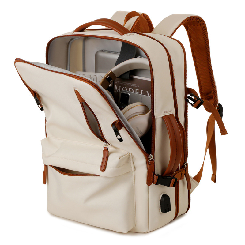 V888-ELOSUNG32798-202507021025-02 Beige Expandable Laptop Backpack with USB Port - Stylish Travel & Business Daypack - Image 3